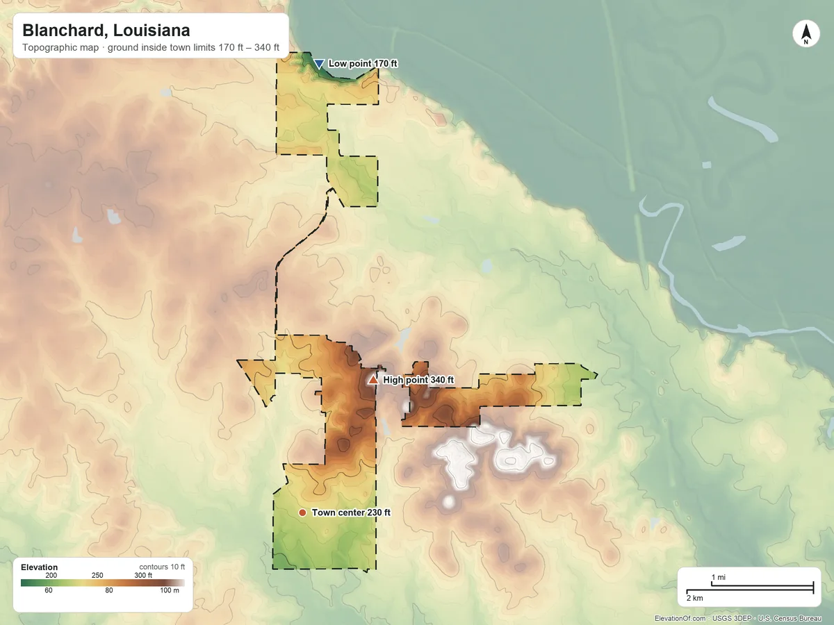 Topographic elevation map of Blanchard, Louisiana, shaded from 170 ft on the north side to 340 ft on the northeast side