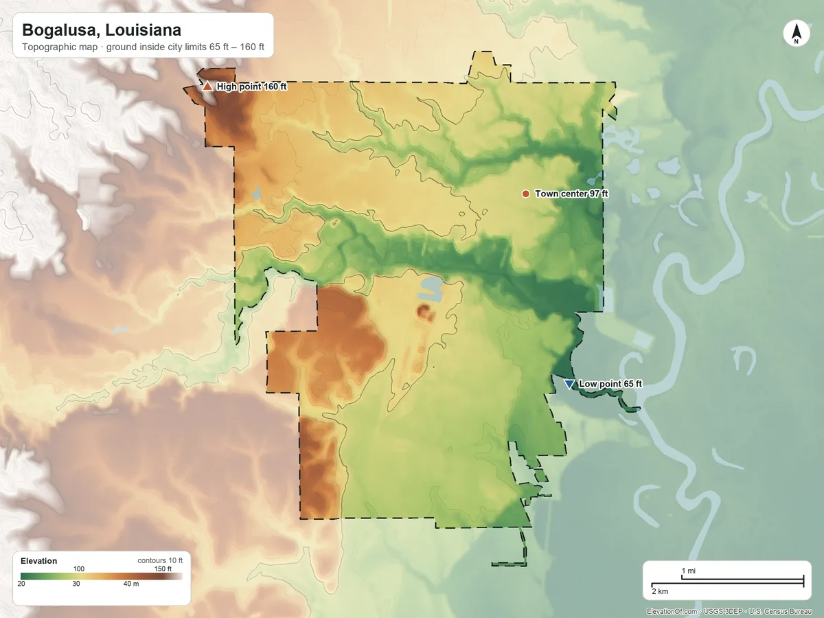 Topographic elevation map of Bogalusa, Louisiana, shaded from 65 ft on the south side to 160 ft on the west side