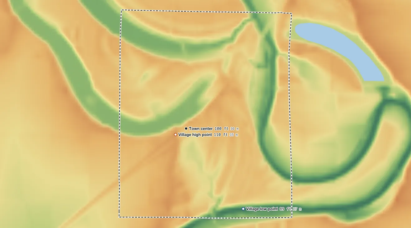Topographic elevation map of Bonita, Louisiana, shaded from 89 ft on the southeast side to 110 ft near the middle