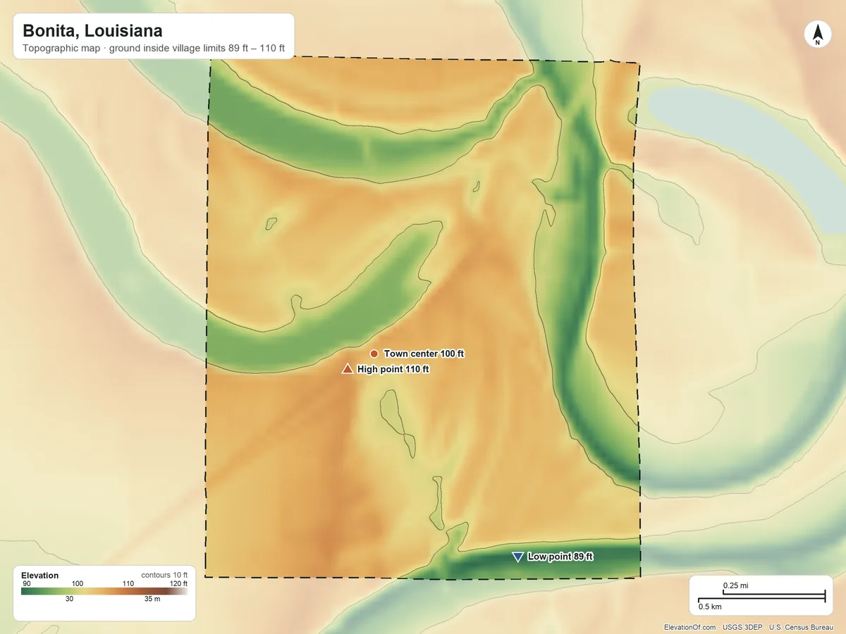 Topographic elevation map of Bonita, Louisiana, shaded from 89 ft on the southeast side to 110 ft near the middle