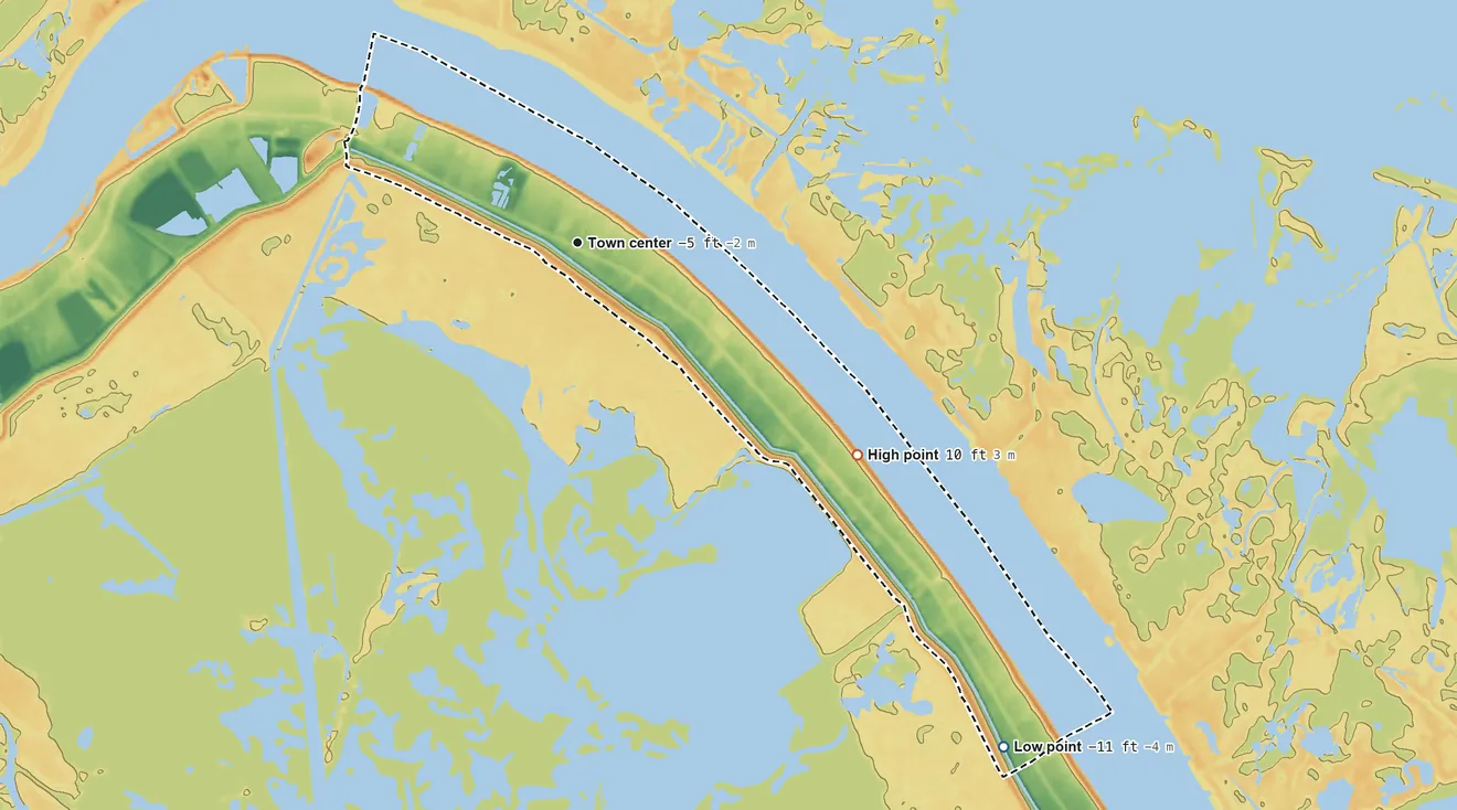 Topographic elevation map of Boothville, Louisiana, shaded from −11 ft on the southeast side to 10 ft on the southeast side