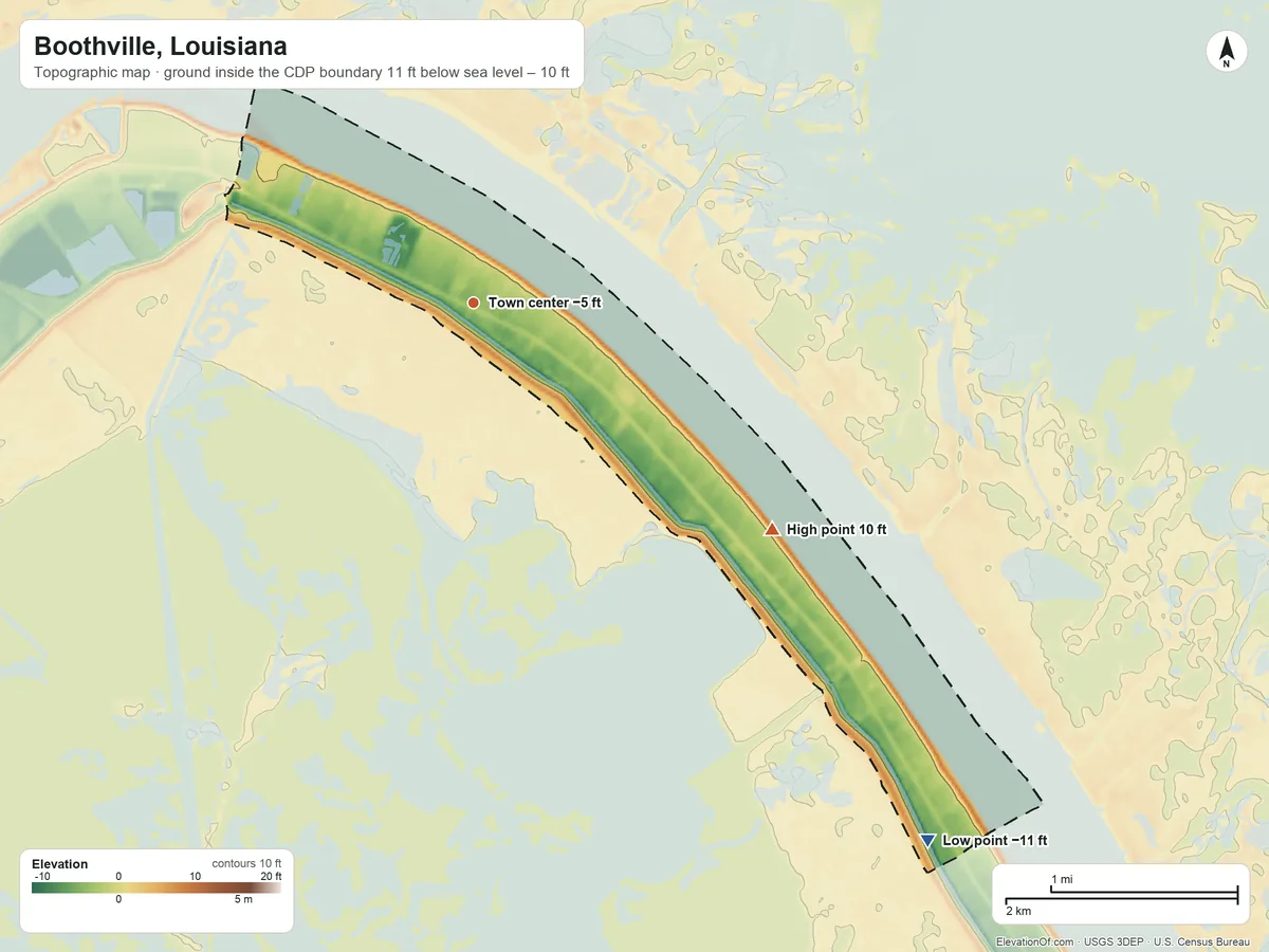 Topographic elevation map of Boothville, Louisiana, shaded from −11 ft on the southeast side to 10 ft on the southeast side