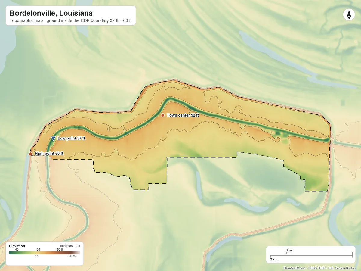 Topographic elevation map of Bordelonville, Louisiana, shaded from 37 ft on the west side to 60 ft on the west side