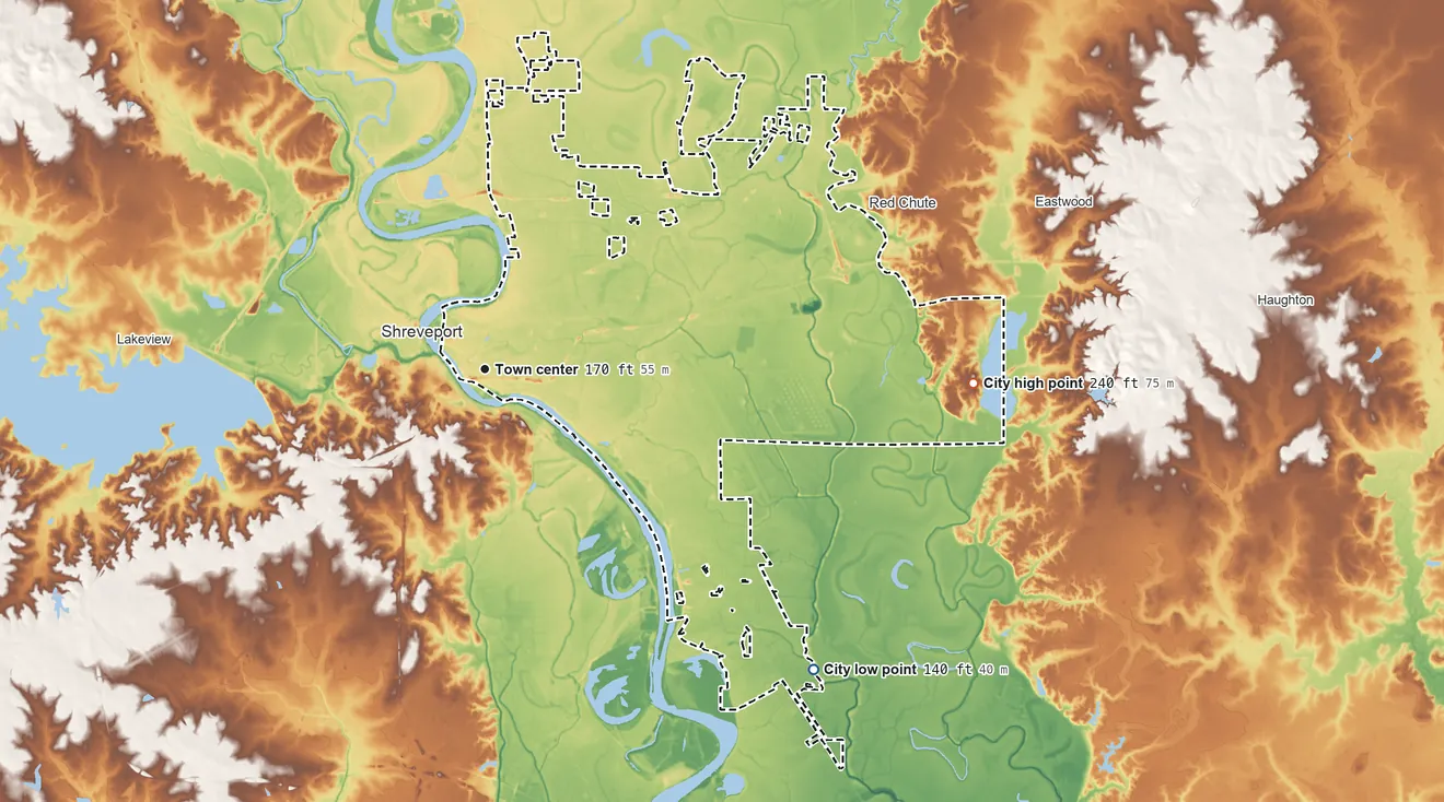 Topographic elevation map of Bossier City, Louisiana, shaded from 140 ft on the southeast side to 240 ft on the east side