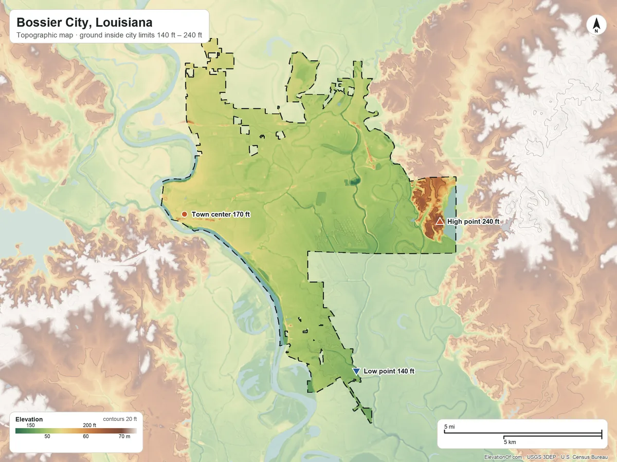 Topographic elevation map of Bossier City, Louisiana, shaded from 140 ft on the southeast side to 240 ft on the east side