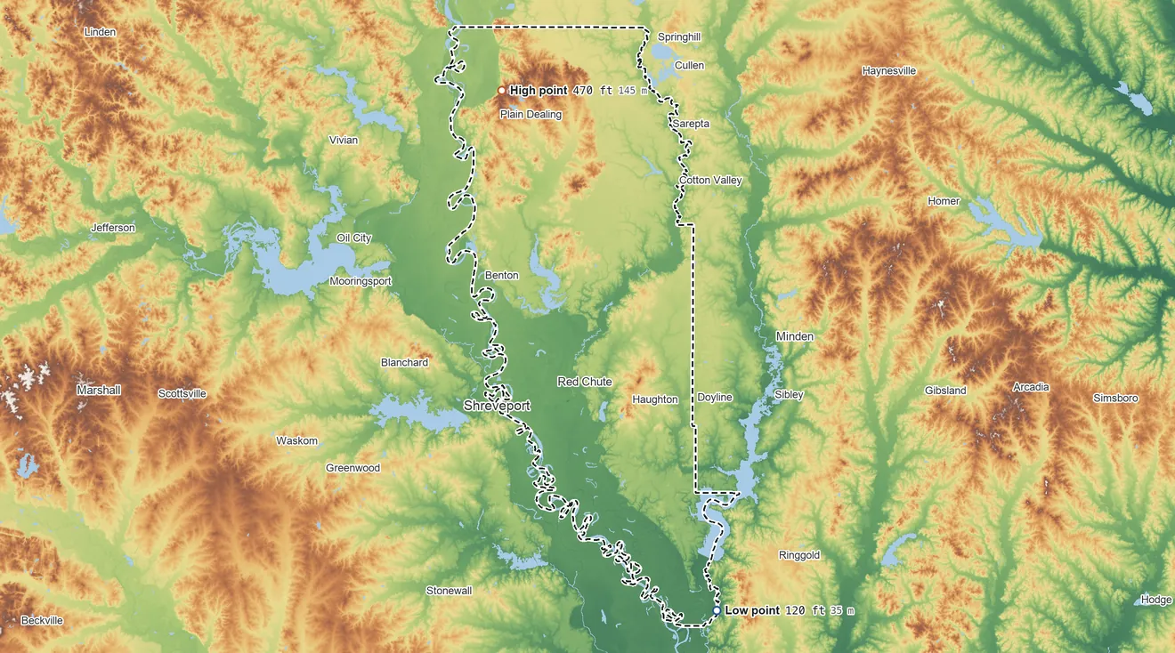 Topographic elevation map of Bossier Parish, Louisiana, shaded from 120 ft on the southeast side to 470 ft on the north side