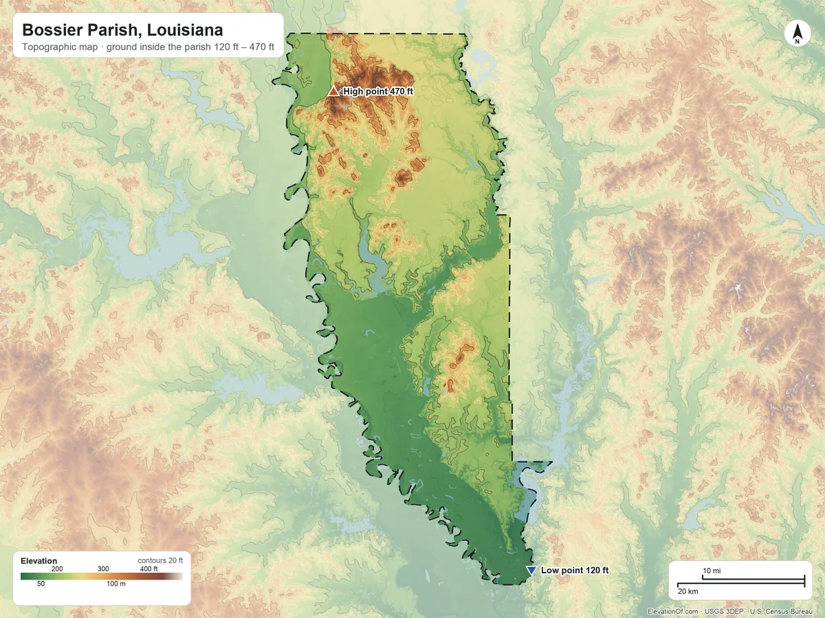 Topographic elevation map of Bossier Parish, Louisiana, shaded from 120 ft on the southeast side to 470 ft on the north side