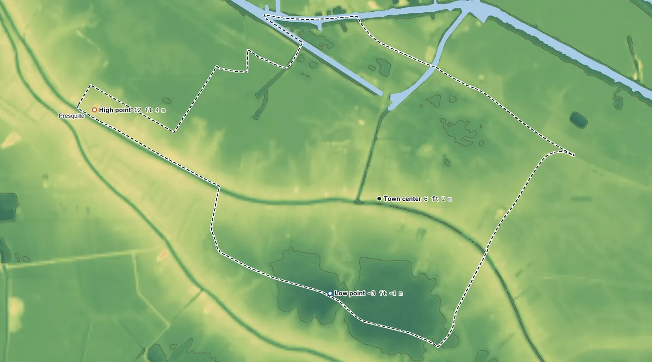 Topographic elevation map of Bourg, Louisiana, shaded from −3 ft on the southwest side to 12 ft on the west side