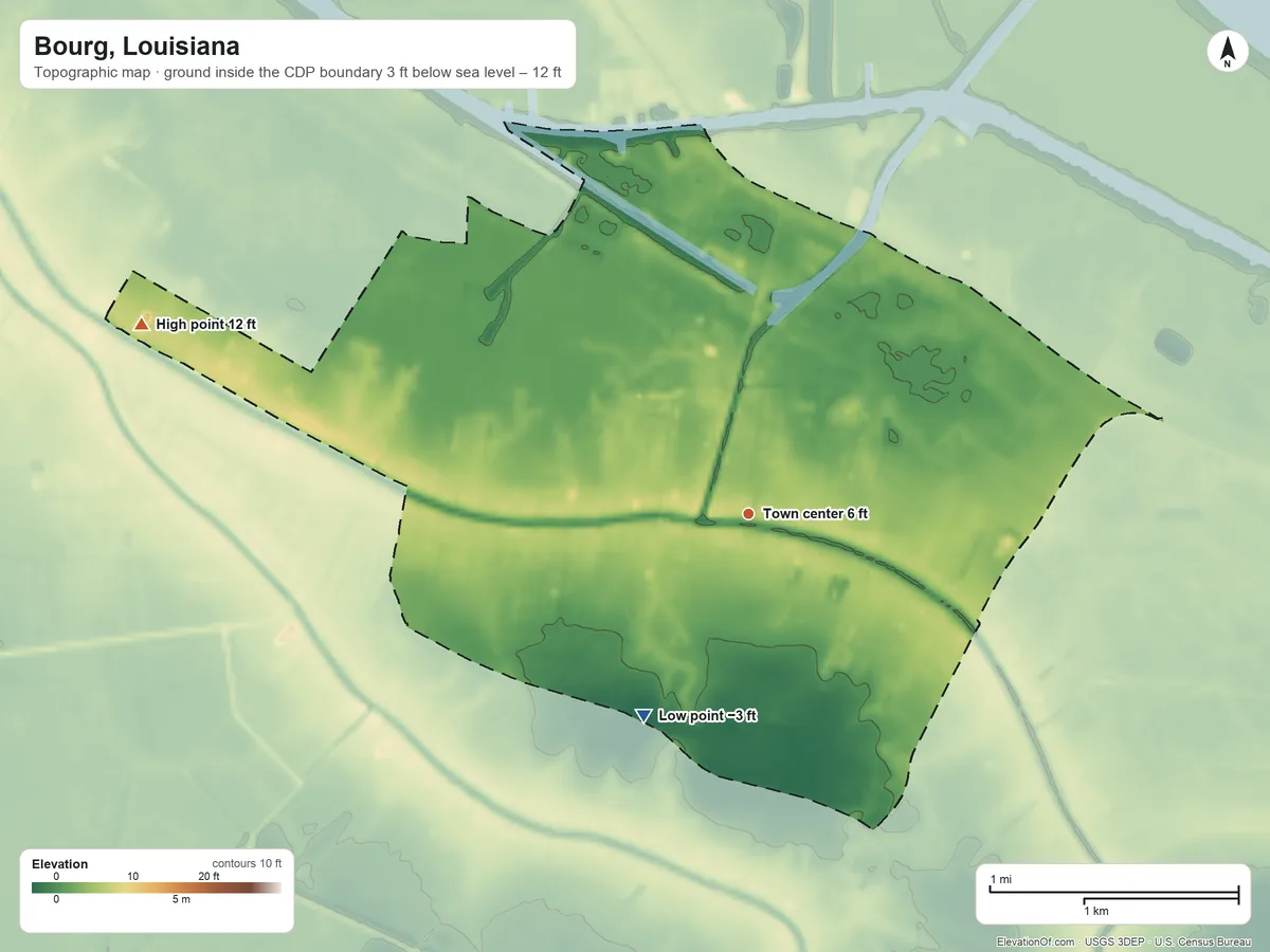 Topographic elevation map of Bourg, Louisiana, shaded from −3 ft on the southwest side to 12 ft on the west side