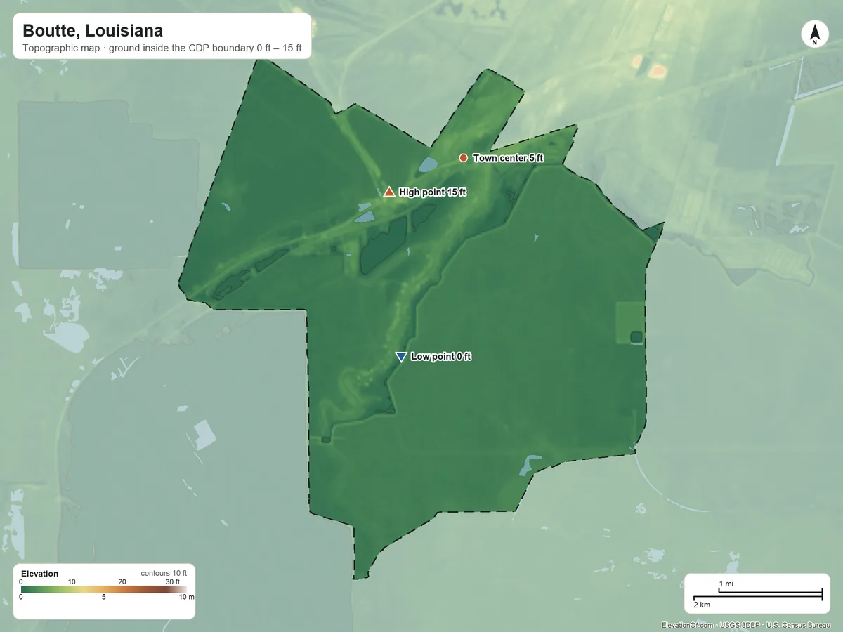 Topographic elevation map of Boutte, Louisiana, shaded from 0 ft on the south side to 15 ft on the southwest side