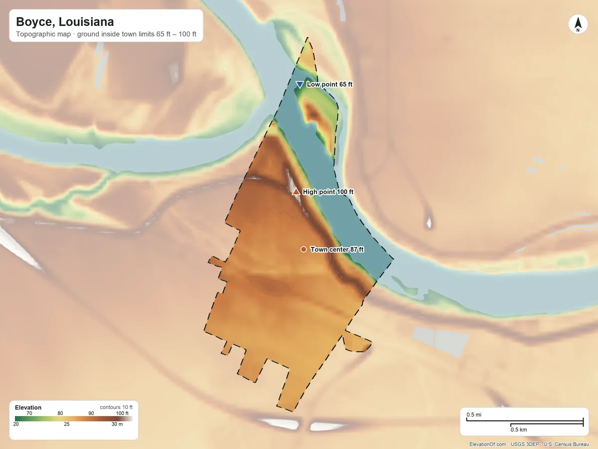 Topographic elevation map of Boyce, Louisiana, shaded from 65 ft on the north side to 100 ft on the north side