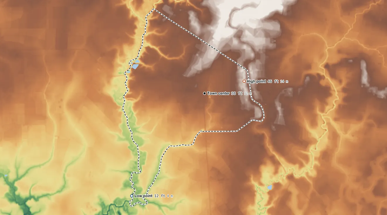 Topographic elevation map of Branch, Louisiana, shaded from 12 ft on the southwest side to 46 ft on the east side