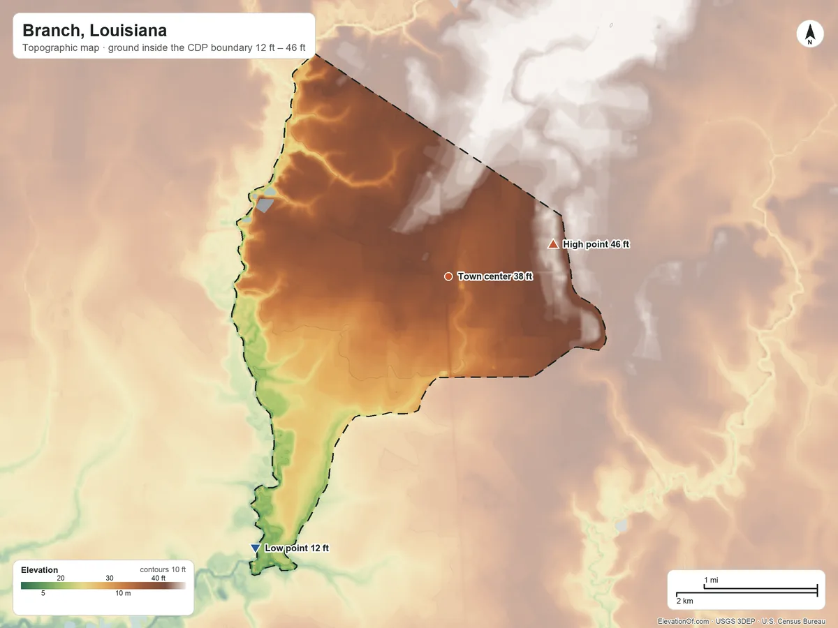 Topographic elevation map of Branch, Louisiana, shaded from 12 ft on the southwest side to 46 ft on the east side