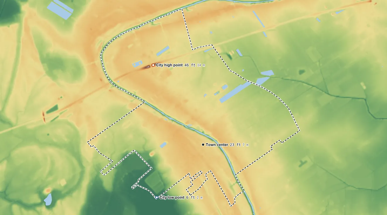 Topographic elevation map of Breaux Bridge, Louisiana, shaded from 6 ft on the southwest side to 46 ft on the northwest side