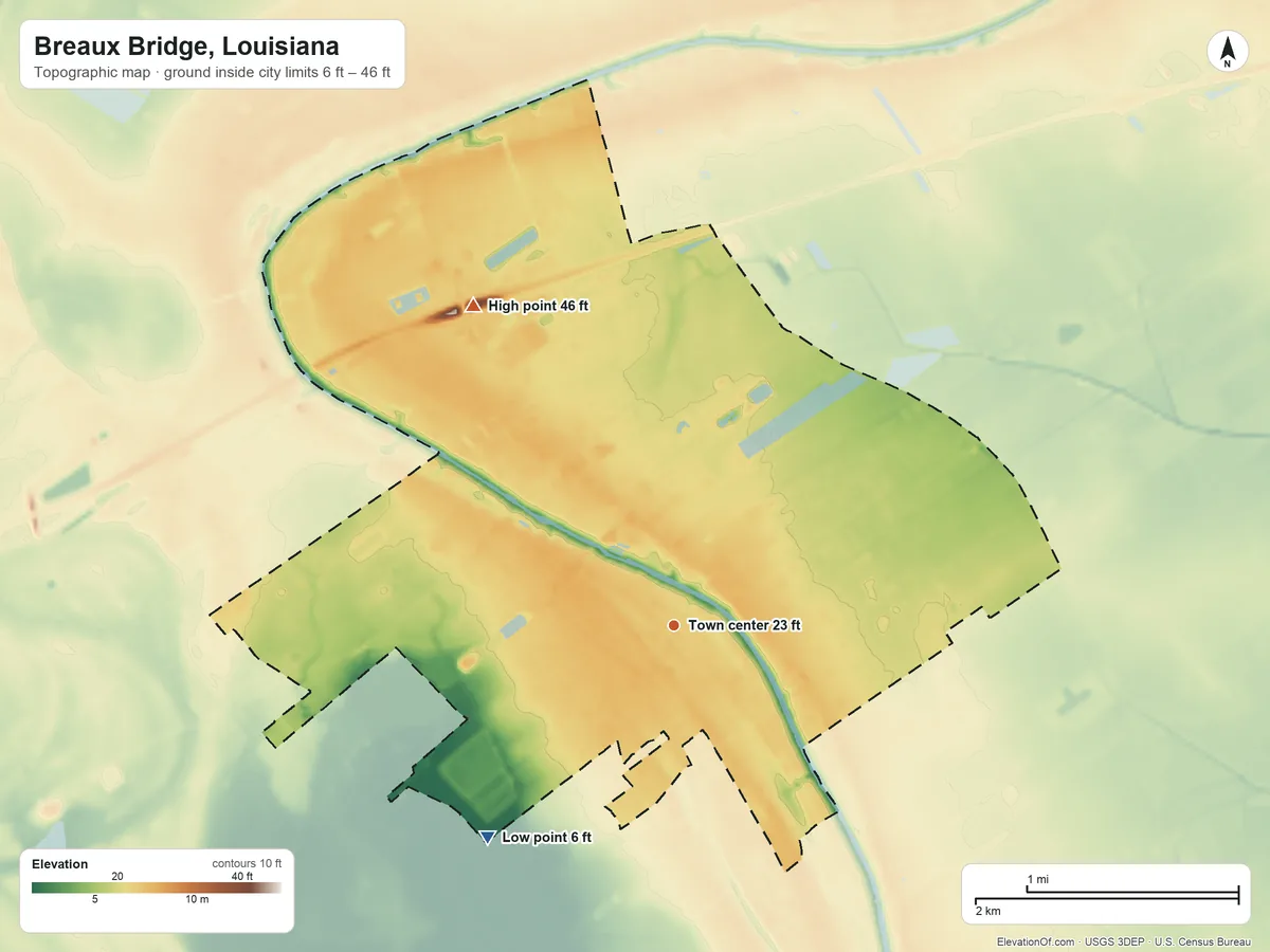 Topographic elevation map of Breaux Bridge, Louisiana, shaded from 6 ft on the southwest side to 46 ft on the northwest side