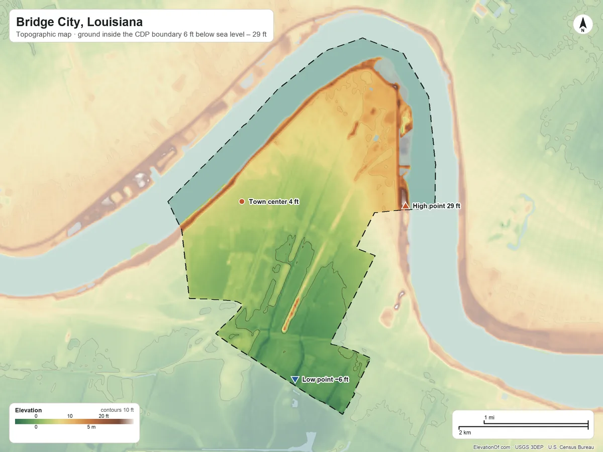 Topographic elevation map of Bridge City, Louisiana, shaded from −6 ft on the south side to 29 ft on the east side