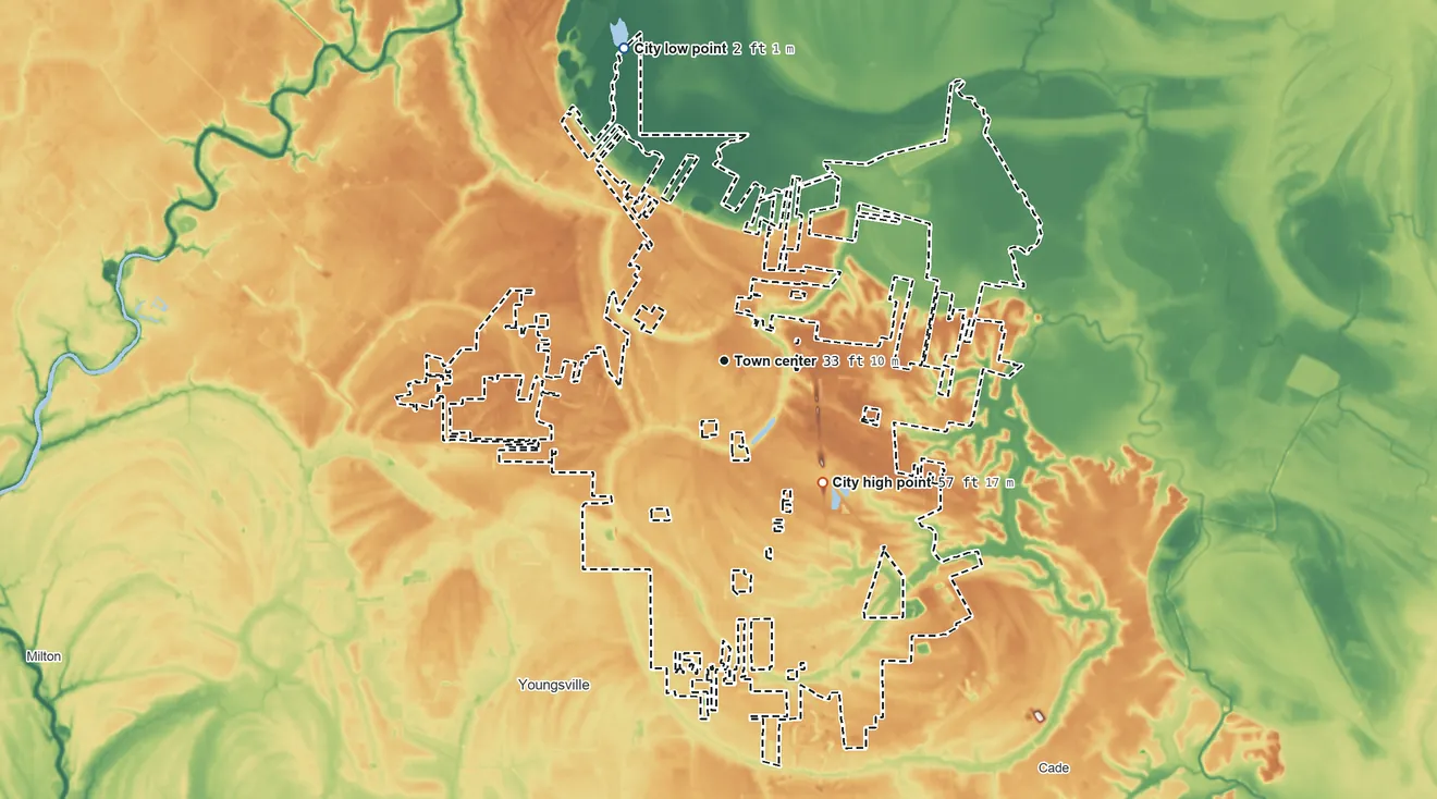 Topographic elevation map of Broussard, Louisiana, shaded from 2 ft on the north side to 57 ft on the southeast side