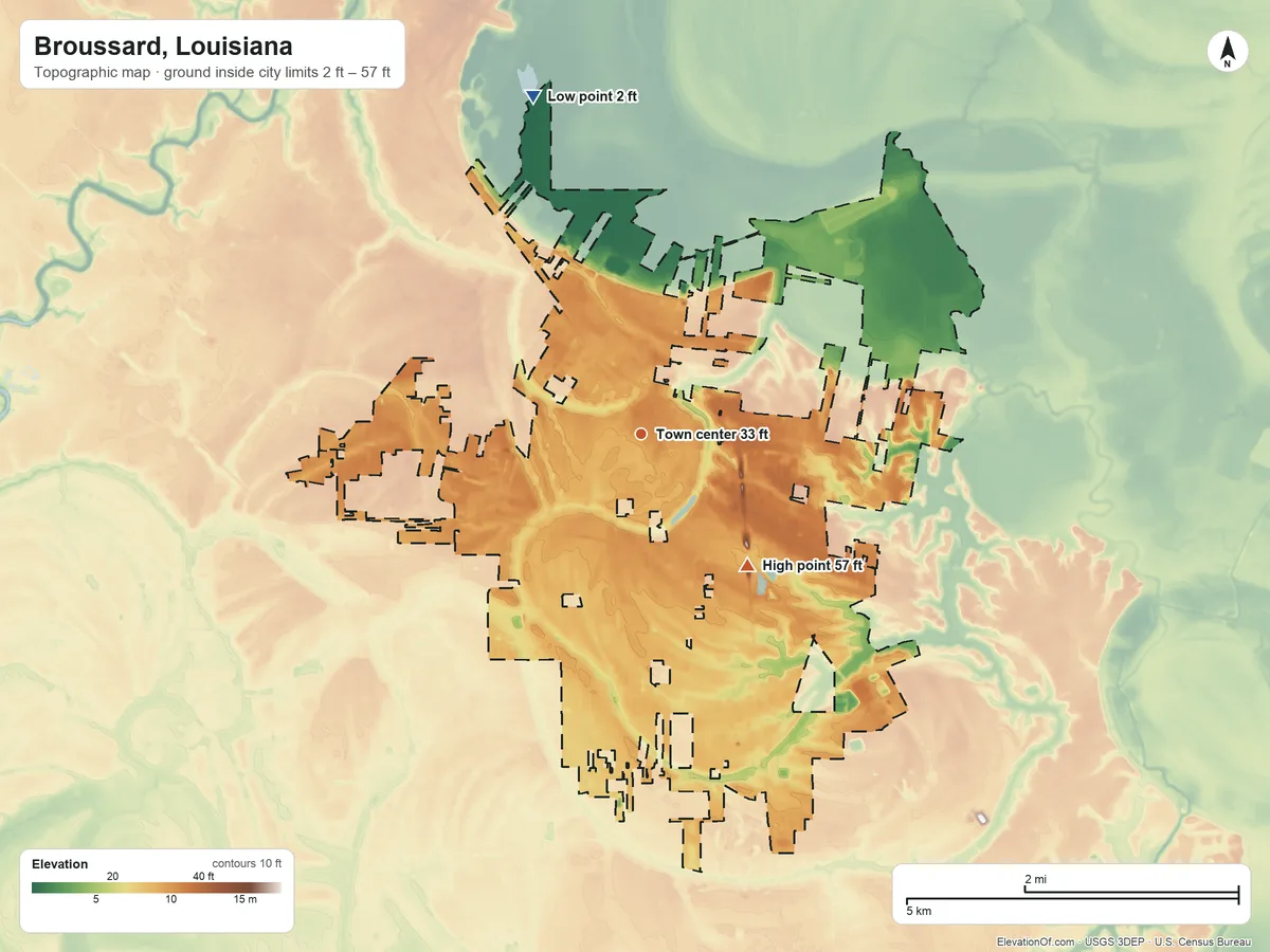 Topographic elevation map of Broussard, Louisiana, shaded from 2 ft on the north side to 57 ft on the southeast side