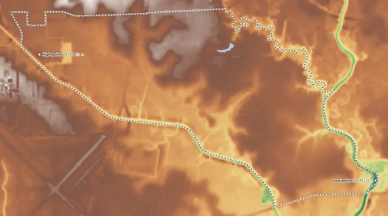Topographic elevation map of Brownfields, Louisiana, shaded from 31 ft on the southeast side to 72 ft on the west side