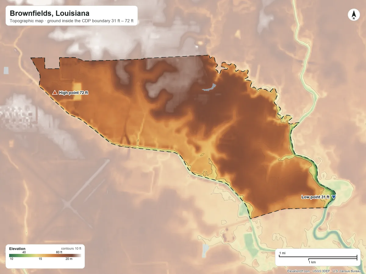 Topographic elevation map of Brownfields, Louisiana, shaded from 31 ft on the southeast side to 72 ft on the west side