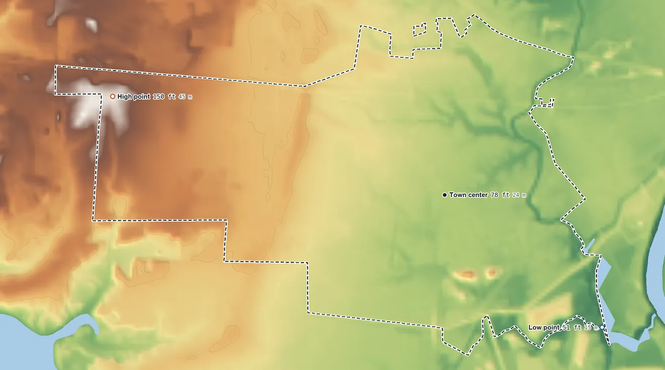 Topographic elevation map of Brownsville, Louisiana, shaded from 51 ft on the southeast side to 150 ft on the west side