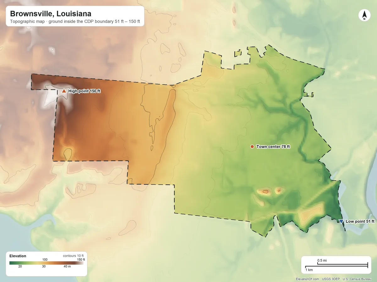 Topographic elevation map of Brownsville, Louisiana, shaded from 51 ft on the southeast side to 150 ft on the west side