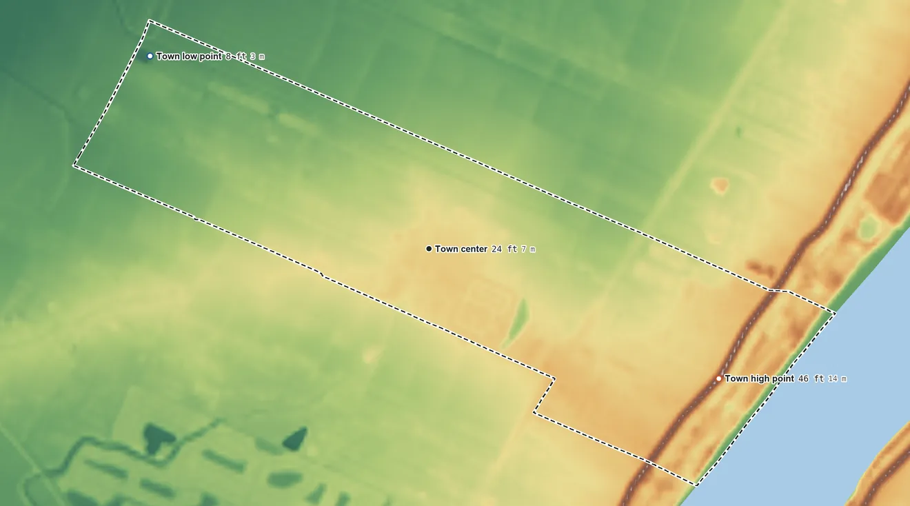Topographic elevation map of Brusly, Louisiana, shaded from 8 ft on the northwest side to 46 ft on the southeast side
