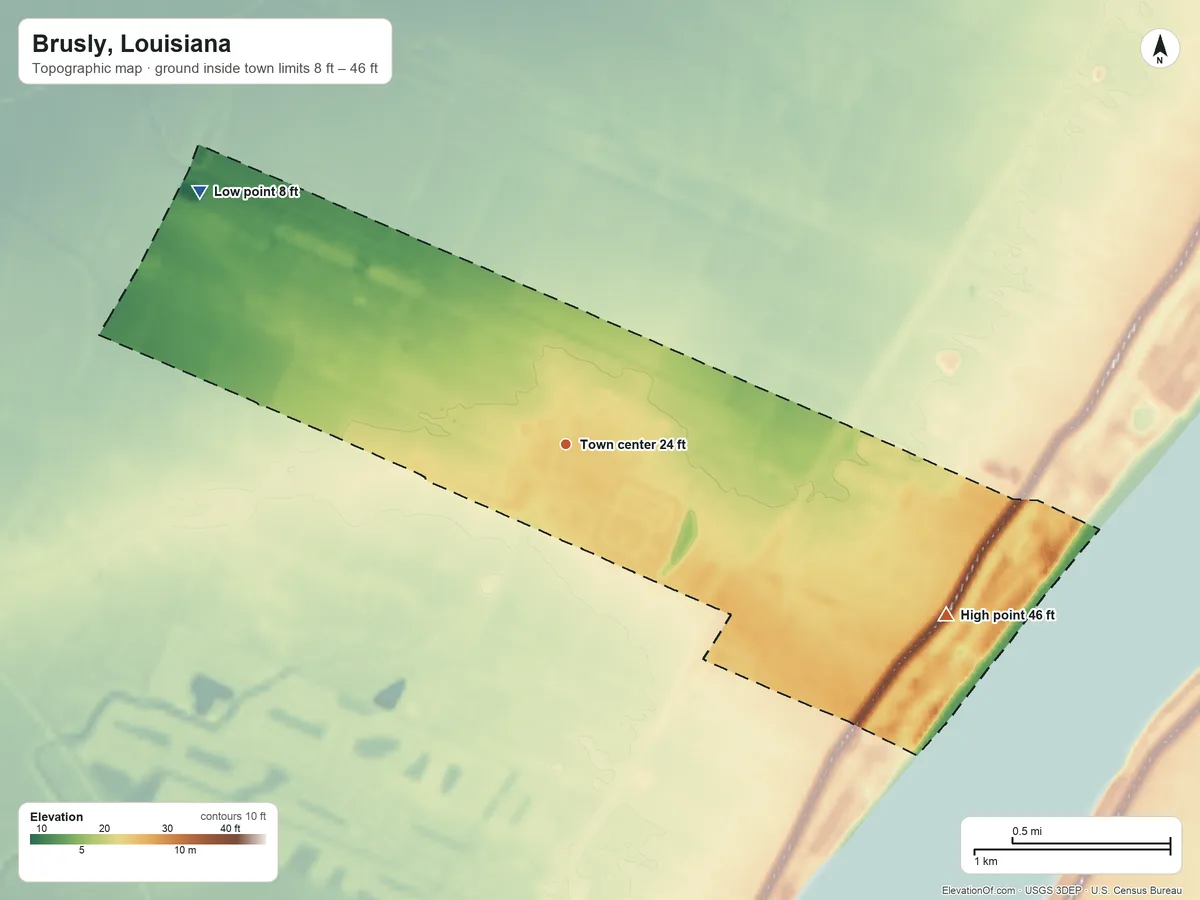 Topographic elevation map of Brusly, Louisiana, shaded from 8 ft on the northwest side to 46 ft on the southeast side