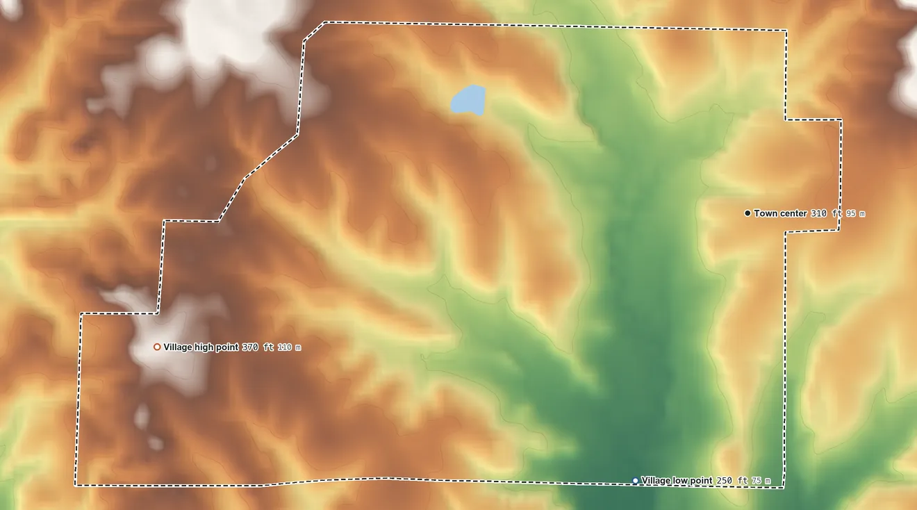 Topographic elevation map of Bryceland, Louisiana, shaded from 250 ft on the southwest side to 370 ft on the west side