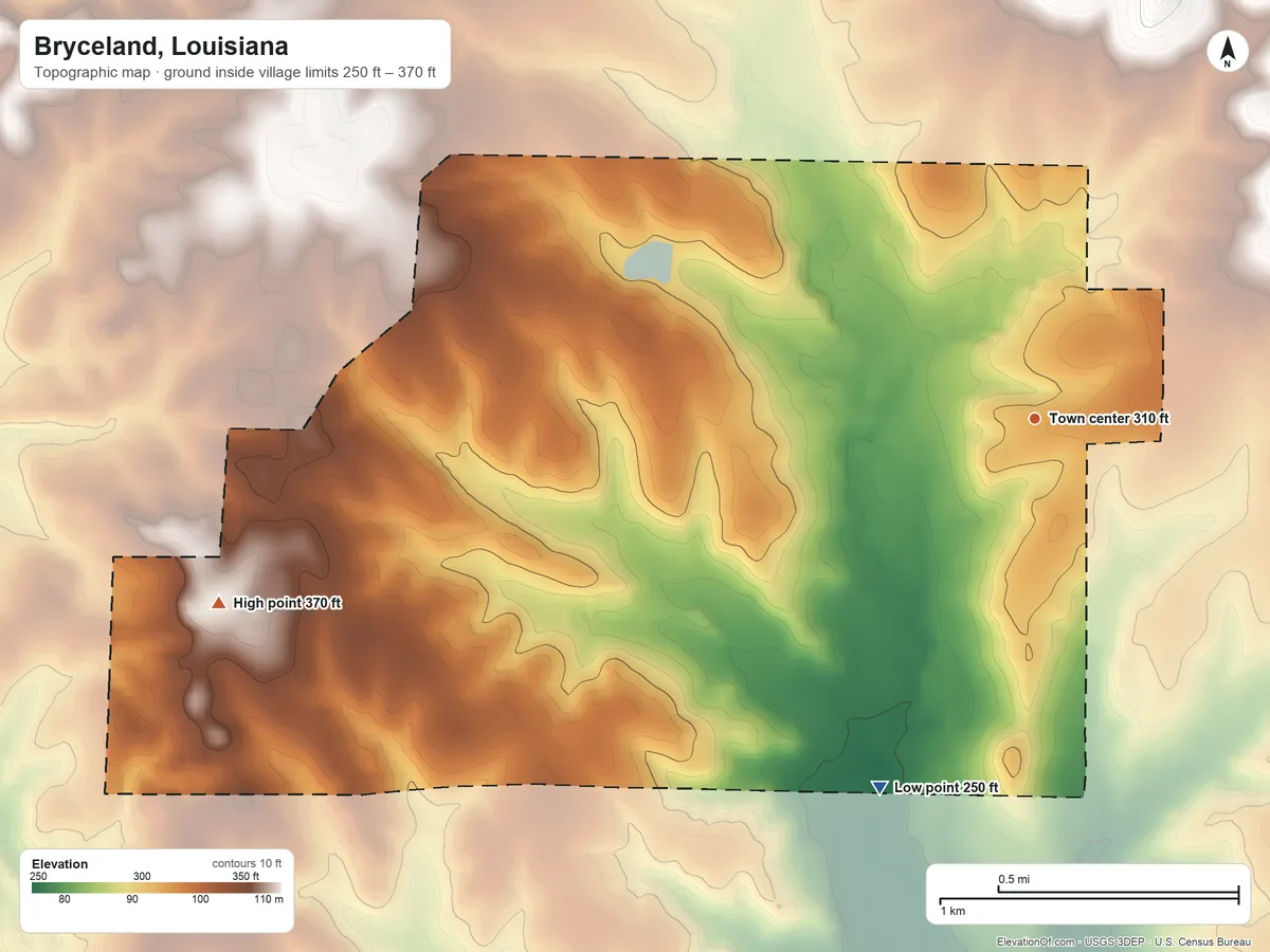 Topographic elevation map of Bryceland, Louisiana, shaded from 250 ft on the southwest side to 370 ft on the west side