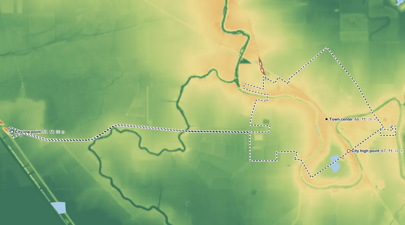 Topographic elevation map of Bunkie, Louisiana, shaded from 51 ft on the west side to 67 ft near the middle