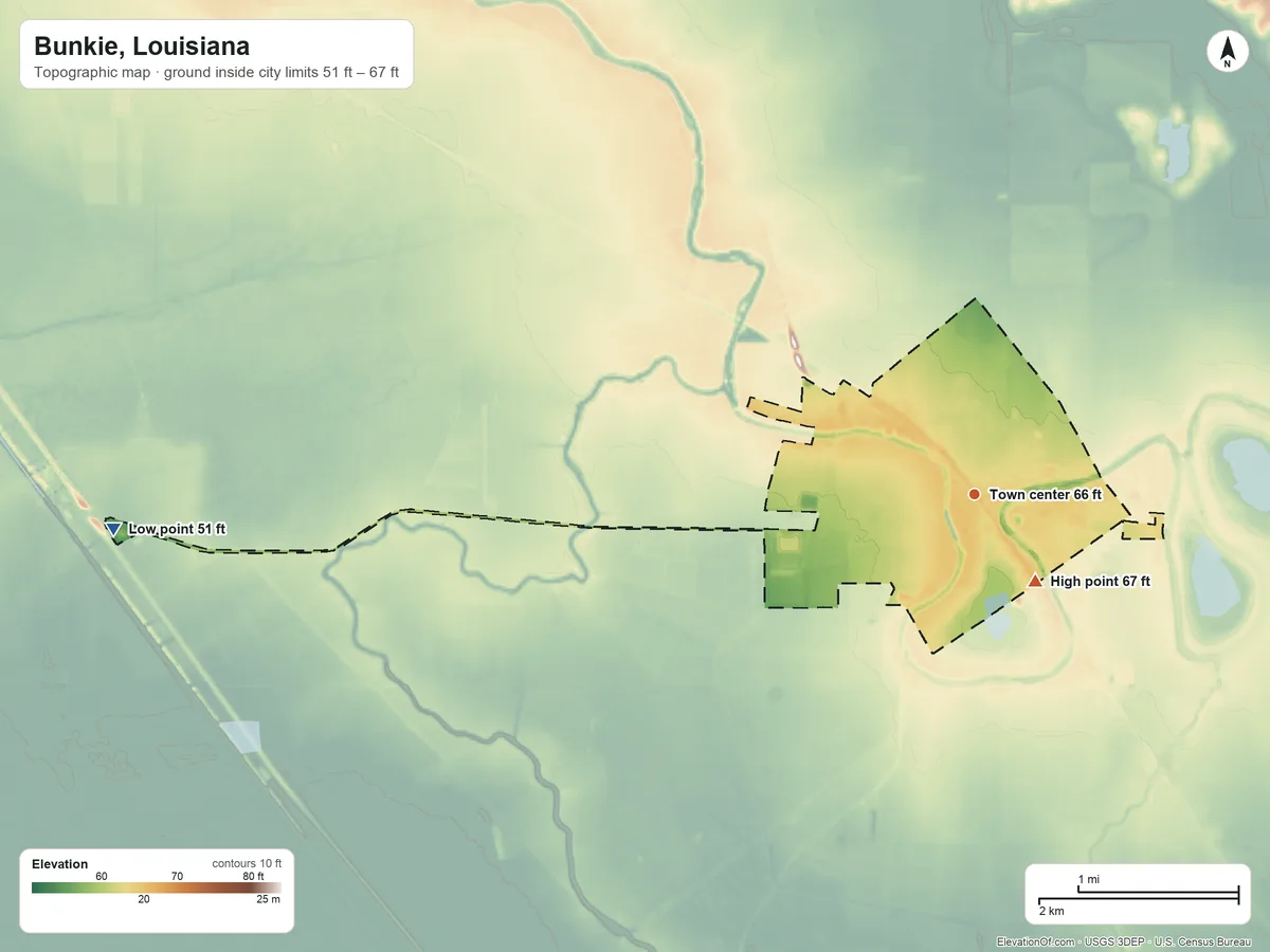 Topographic elevation map of Bunkie, Louisiana, shaded from 51 ft on the west side to 67 ft near the middle