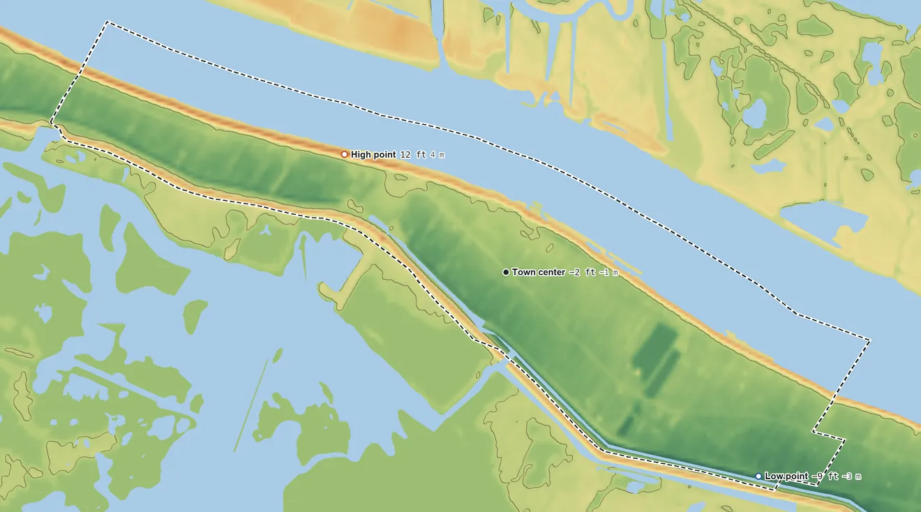 Topographic elevation map of Buras, Louisiana, shaded from −9 ft on the southeast side to 12 ft on the northwest side