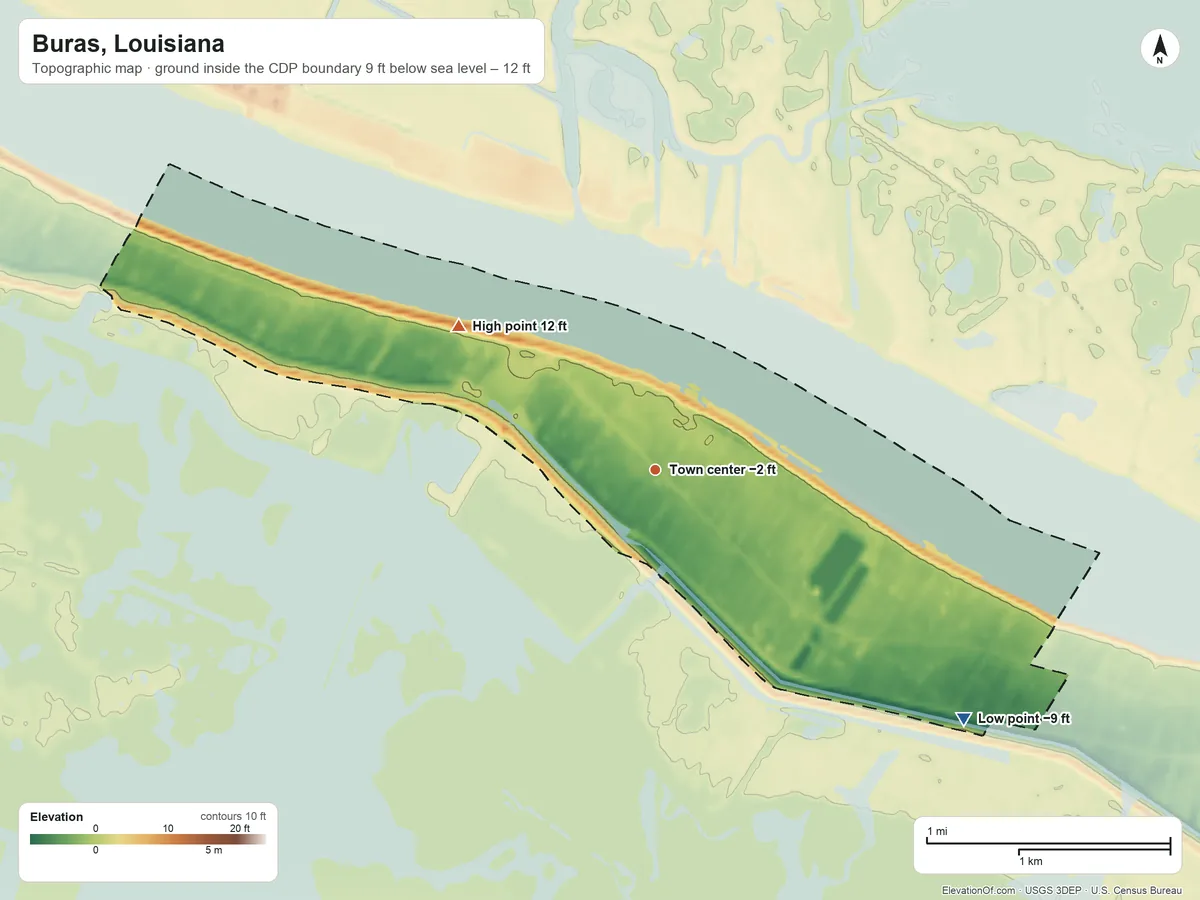 Topographic elevation map of Buras, Louisiana, shaded from −9 ft on the southeast side to 12 ft on the northwest side