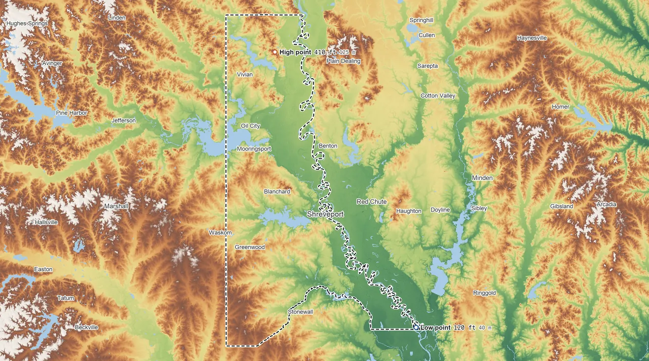 Topographic elevation map of Caddo Parish, Louisiana, shaded from 120 ft on the southeast side to 410 ft on the north side