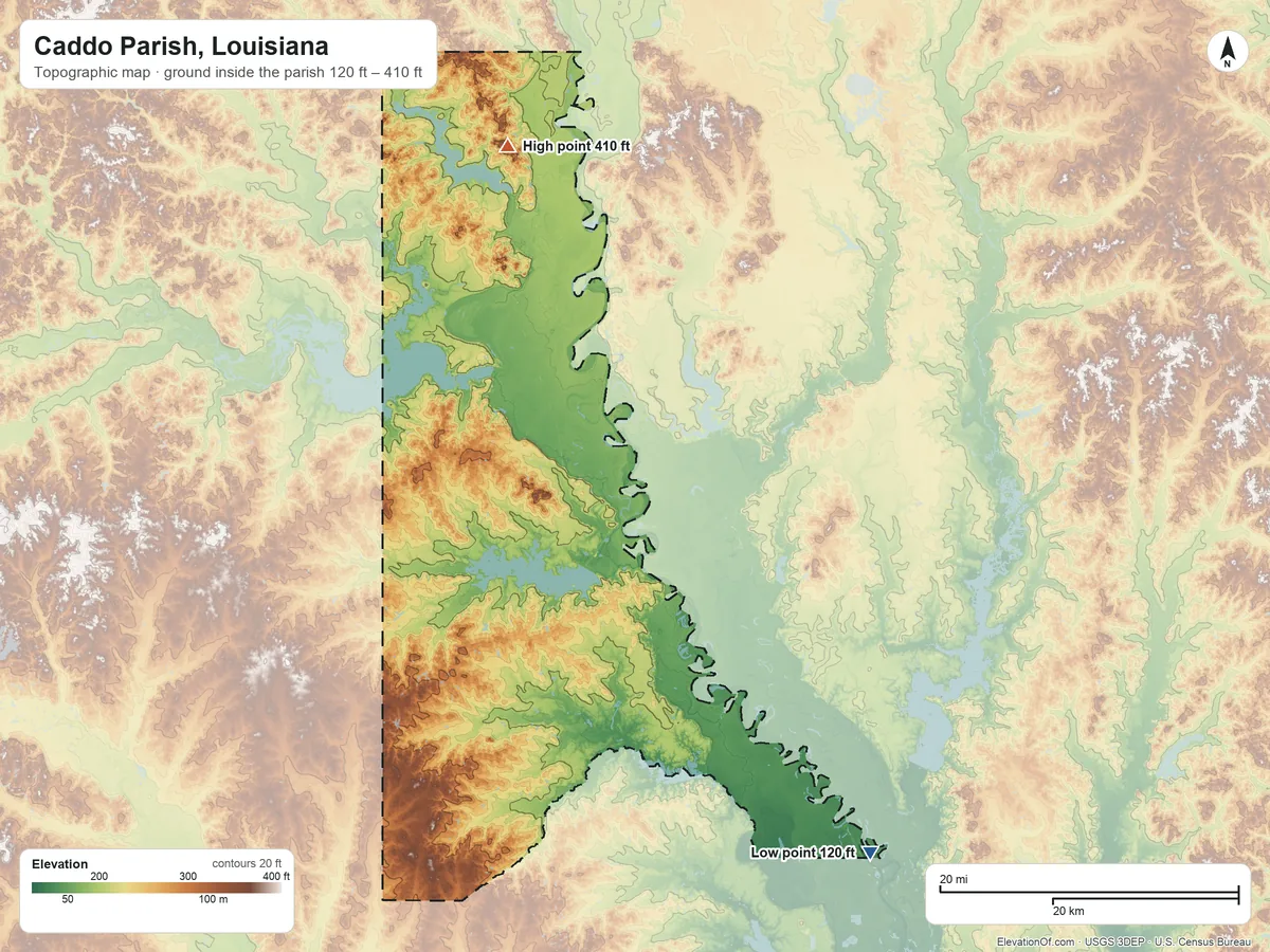 Topographic elevation map of Caddo Parish, Louisiana, shaded from 120 ft on the southeast side to 410 ft on the north side