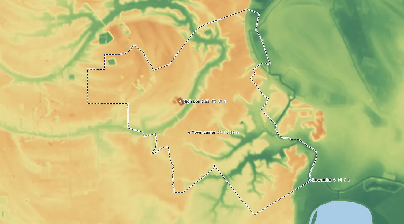 Topographic elevation map of Cade, Louisiana, shaded from 4 ft on the east side to 63 ft on the north side