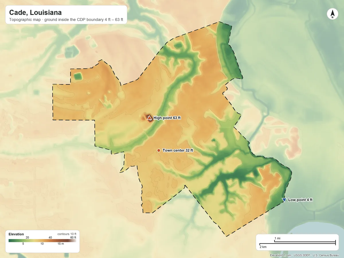 Topographic elevation map of Cade, Louisiana, shaded from 4 ft on the east side to 63 ft on the north side