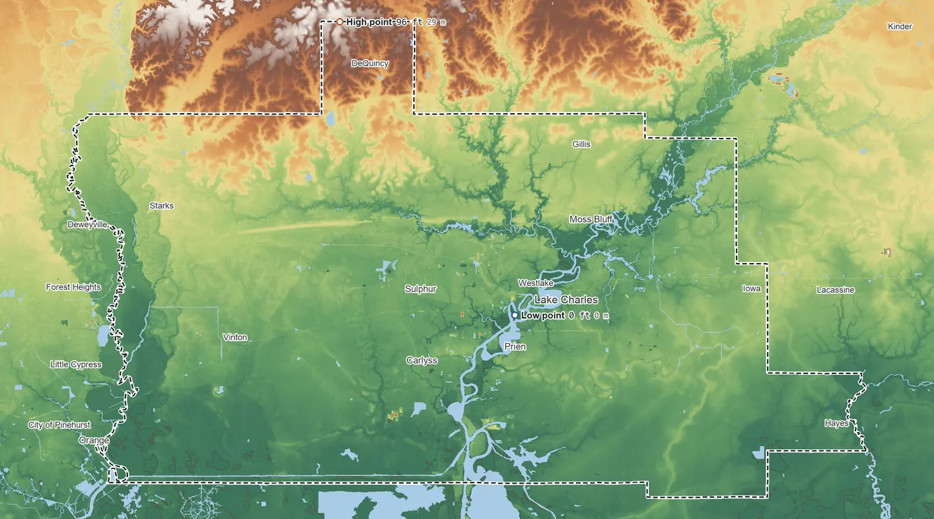 Topographic elevation map of Calcasieu Parish, Louisiana, shaded from sea level on Indian Bay to 96 ft on the northwest side