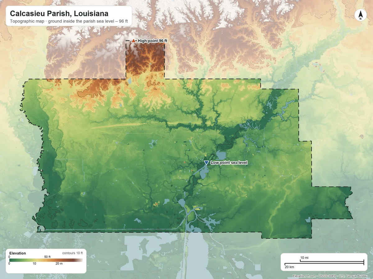 Topographic elevation map of Calcasieu Parish, Louisiana, shaded from sea level on Indian Bay to 96 ft on the northwest side