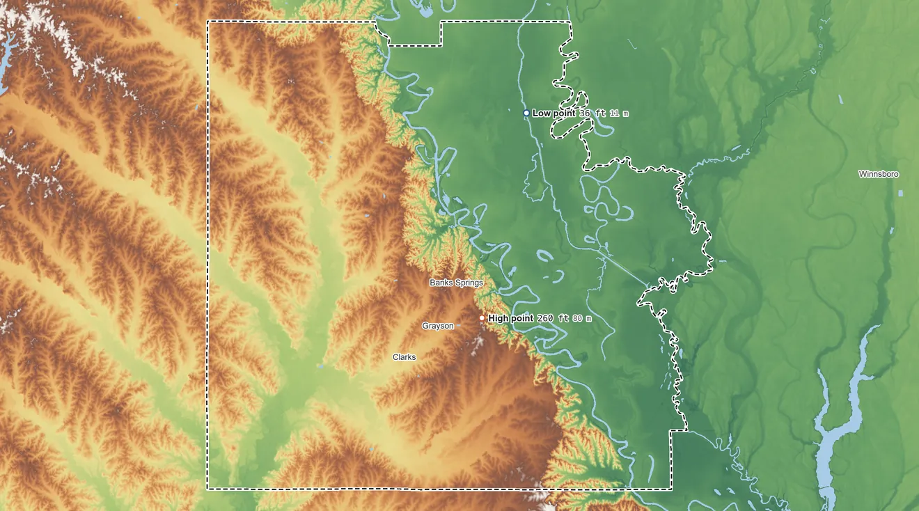 Topographic elevation map of Caldwell Parish, Louisiana, shaded from 36 ft on the northeast side to 260 ft near the middle