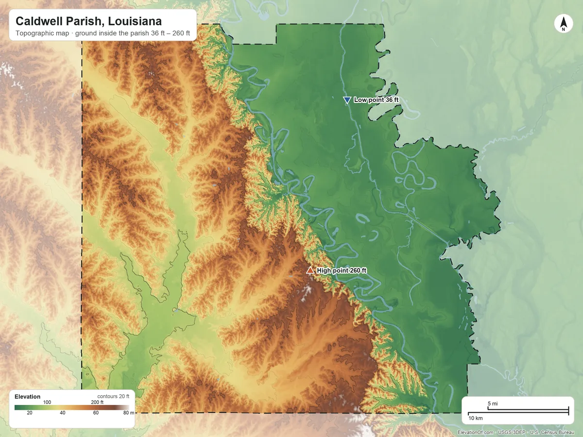 Topographic elevation map of Caldwell Parish, Louisiana, shaded from 36 ft on the northeast side to 260 ft near the middle