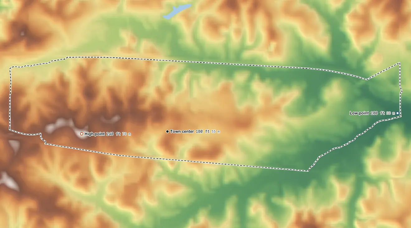 Topographic elevation map of Calhoun, Louisiana, shaded from 100 ft on the east side to 240 ft on the west side