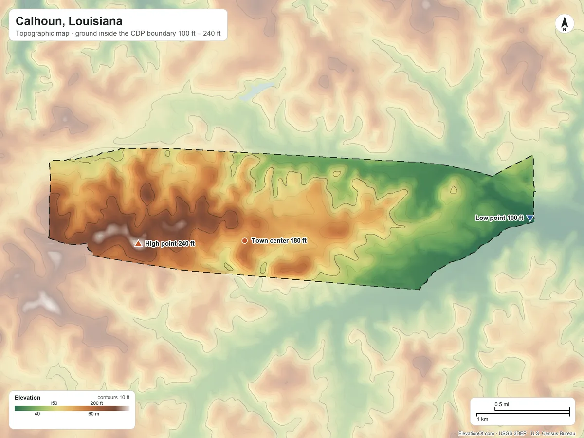 Topographic elevation map of Calhoun, Louisiana, shaded from 100 ft on the east side to 240 ft on the west side