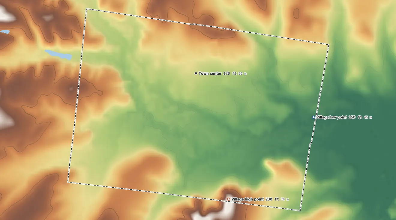 Topographic elevation map of Calvin, Louisiana, shaded from 150 ft on the east side to 230 ft on the south side