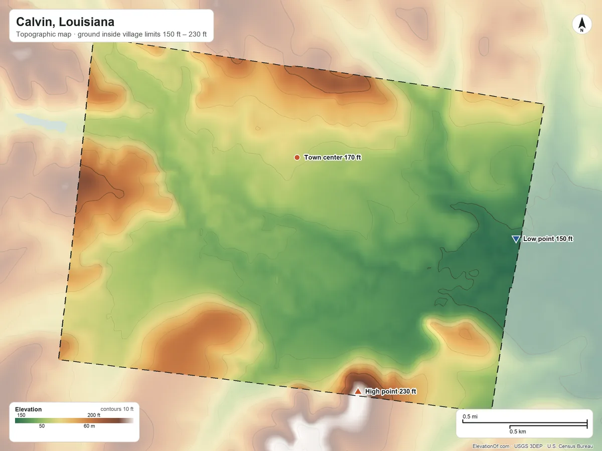 Topographic elevation map of Calvin, Louisiana, shaded from 150 ft on the east side to 230 ft on the south side