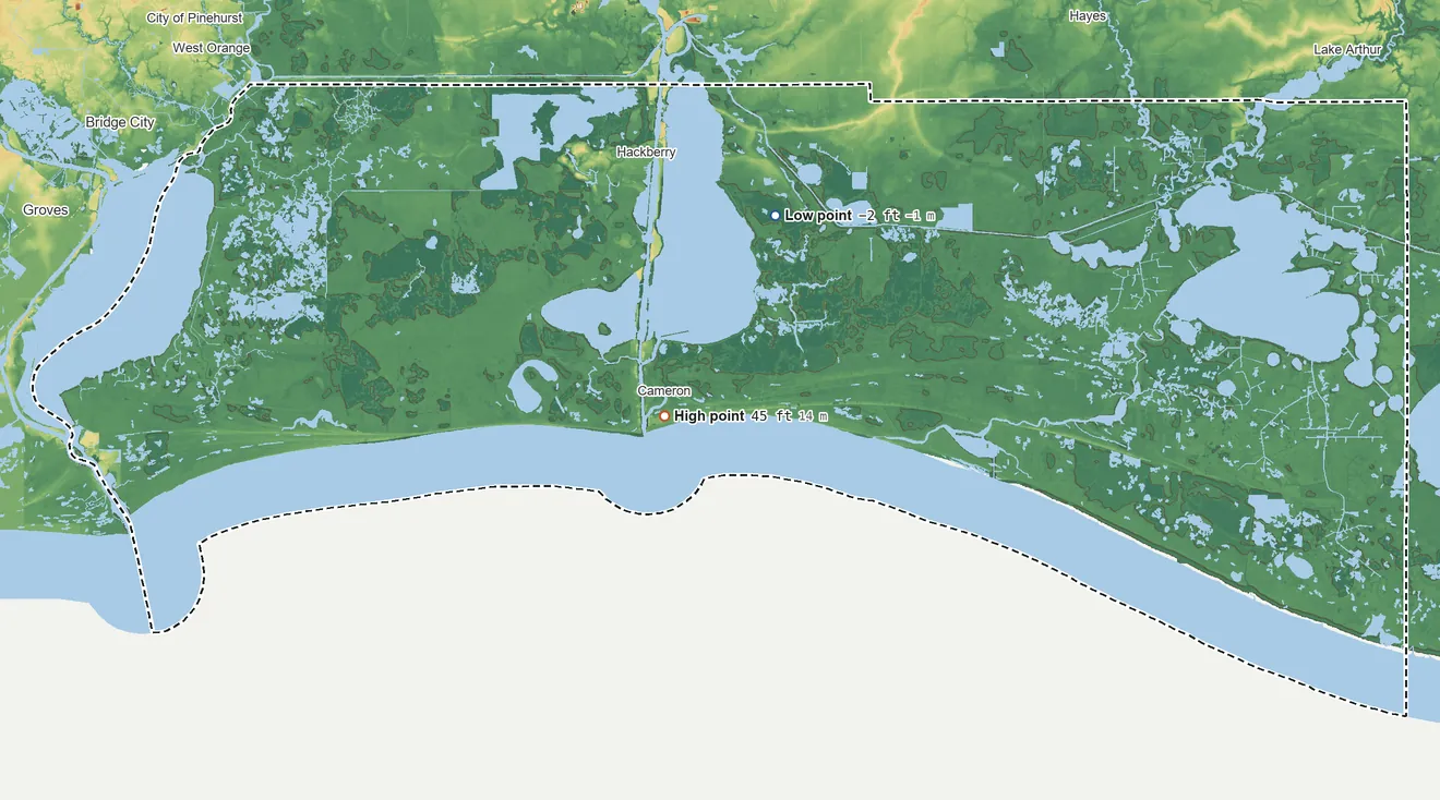 Topographic elevation map of Cameron Parish, Louisiana, shaded from 2 ft below sea level on the north side to 45 ft near the middle