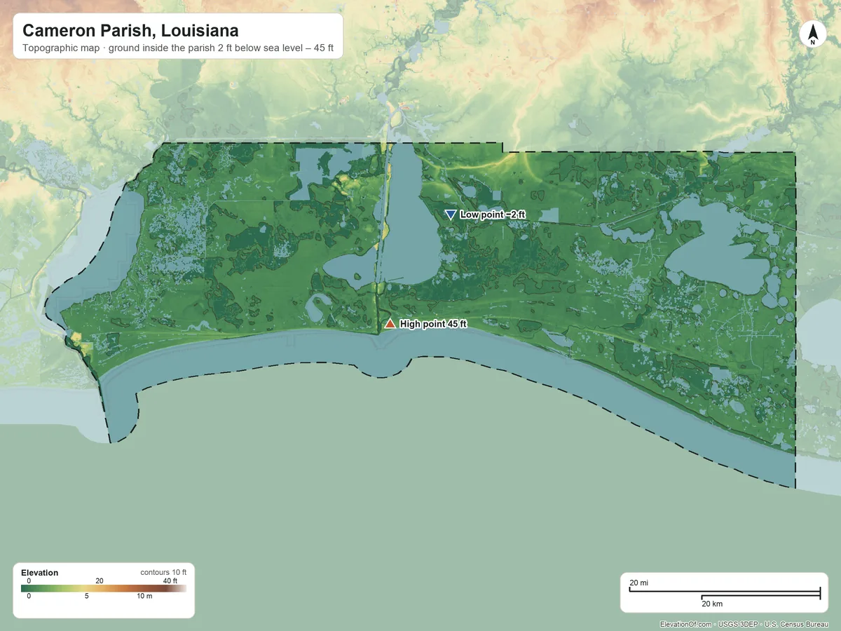 Topographic elevation map of Cameron Parish, Louisiana, shaded from 2 ft below sea level on the north side to 45 ft near the middle