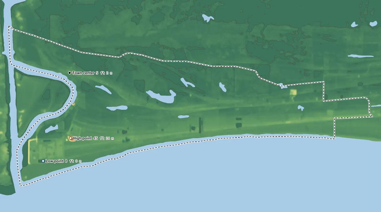 Topographic elevation map of Cameron, Louisiana, shaded from sea level level on the Gulf of America to 45 ft on the south side