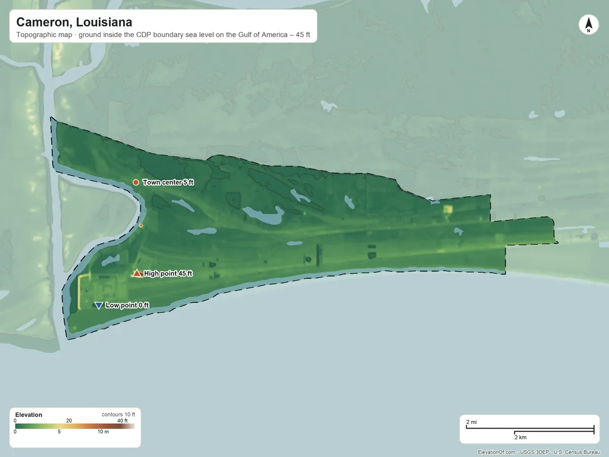 Topographic elevation map of Cameron, Louisiana, shaded from sea level level on the Gulf of America to 45 ft on the south side
